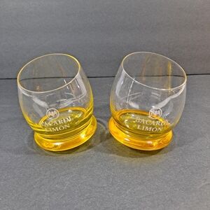 Bacardi Limon Roly Poly Glass Barware Slant Top Etched Bat Logo Set Of 2 Yellow